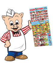 photo of mr pig holding ad