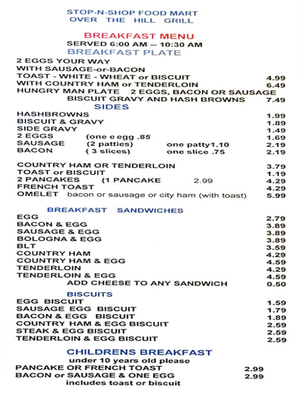 Menu Tommy's Stop n Shop Market and Deli Loudon Tn